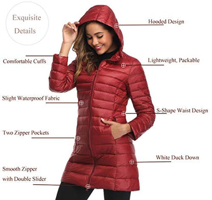 Obosoyo Women's Winter Packable Down Jacket Plus Size Ultralight Long Down Outerwear Puffer Jacket Hooded Coat - color: Winered, size: XX-Large
