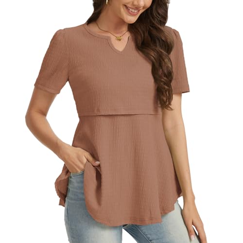 Bearsland Short Sleeve Nursing Top 3pack - color: Black & Silver Gray & Sand Brown, size: X-Large