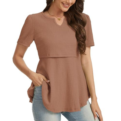 Bearsland Short Sleeve Nursing Top 3pack - color: Black & Silver Gray & Sand Brown, size: Small