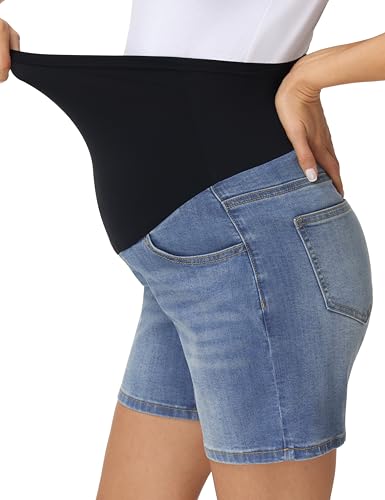Foucome Women's Maternity Jean Shorts Over the Belly - color: Blue, size: Medium