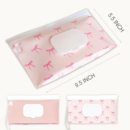 Wipe Dispenser and Wipes Container, 2 Pack Reusable Wipes Holder and Travel Wipes Case, Refillable Pouch for Baby Essentials, blush& bow Design (Blush) - color: Blush
