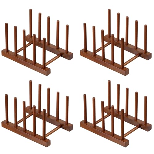 HBlife 4 Packs Teak Wooden Dish Drying Rack Stand Kitchen Plate Organizer - color: Teak 4 Slots 4pcs