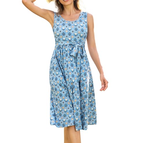 Women's Nursing Dresses Breastfeeding Comfortable Cotton Midi Breastfeeding Dress with Pockets - color: Dusty Blue Geometric Bloom, size: Medium
