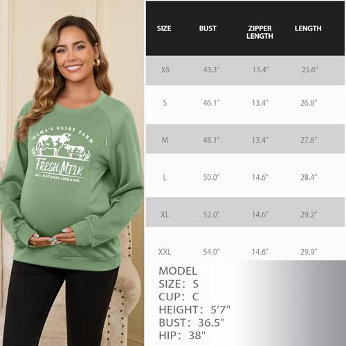 DEBELLY Nursing Friendly Sweatshirt for Breastfeeding Dual Zippers - color: Sage Green Printed Pattern, size: Large