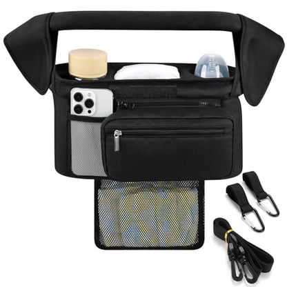 Accmor Universal Stroller Organizer with Insulated Cup Holder - color: All Black/Detachable Diaper Pocket
