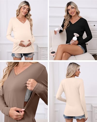 Huukeay 3 Pack Maternity Nursing Tops Breastfeeding Shirts - color: Black, Khaki, Cream, size: Medium