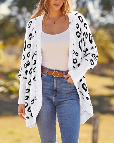 BTFBM Leopard Cardigan for Women Knit Fall Fashion Clothes - color: White, size: X-Large
