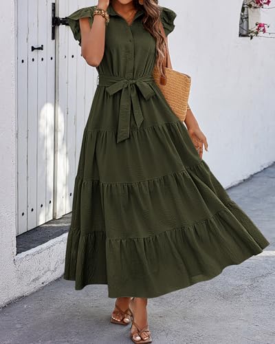 dowerme Women Ruffle Sleeve Button Belted Boho Maxi Dress - color: Army Green, size: Small