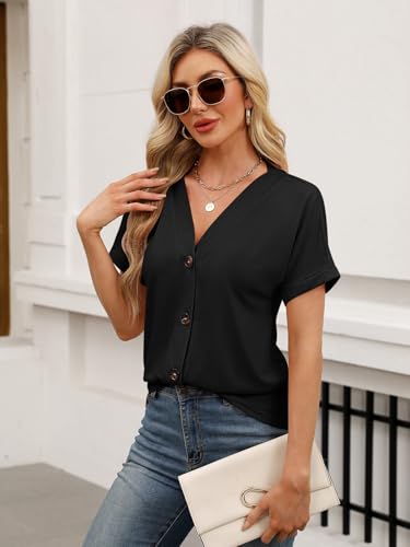 TICTICMISS Womens Summer Tops Short Sleeve Button Down V Neck T Shirts - color: Black, size: X-Large