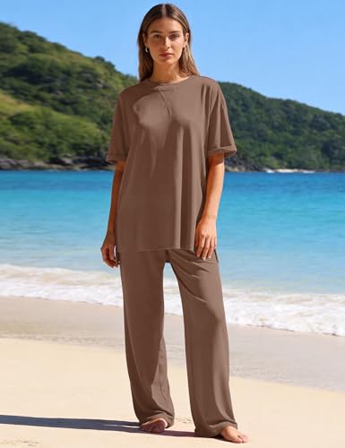 Totatuit Two Piece Sets For Women Vacation Oversized Loungewear Outfits - color: Coffee, size: Medium