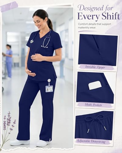 Women's Maternity Scrub Top Pant Set - color: Navy Blue, size: Large