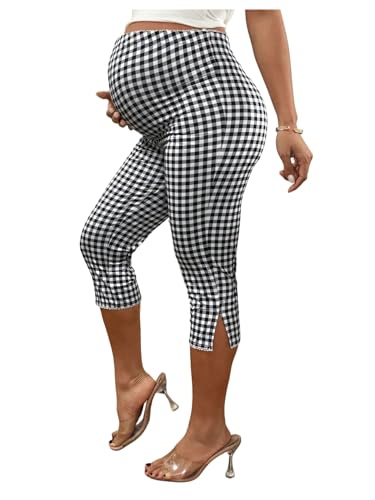 MakeMeChic Women's Maternity Plaid Capri Leggings Split Hem Capris Pants - color: Black and White, size: X-Large
