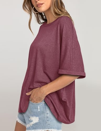 UEU Women's Oversized Crewneck T-Shirt Casual Loose Tunic Tops - color: Heather Rose, size: Small