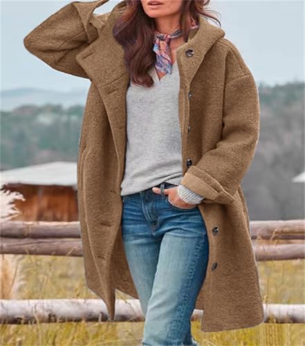 chouyatou Women's Winter Single Breasted Long Wool Coat with Hood Casual Wool Blend Trench Coat Jacket - color: Brown, size: XX-Large