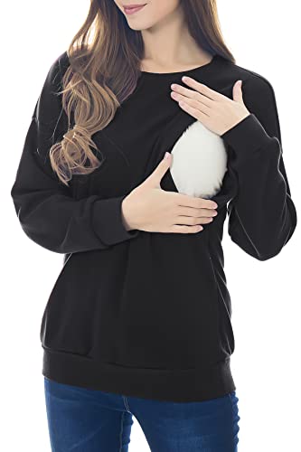 Smallshow Fleece Maternity Nursing Sweatshirt Long Sleeve Breastfeeding Tops - color: Black, size: Small