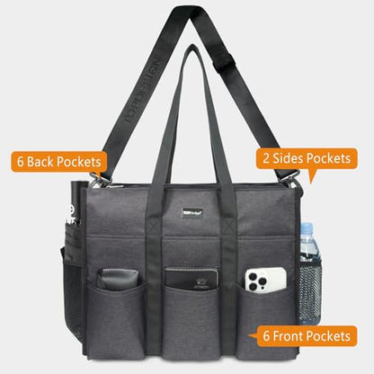 TOPDesign Utility Water Resistant Tote Bag with 22 Pockets, Zipper Closure - color: Grey, size: Large