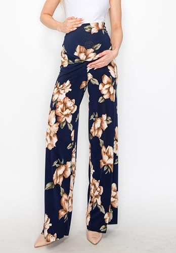 My Bump Women's Maternity Casual Bohemian Damask Palazzo Pants W/Tummy Control - color: Navy, size: Medium