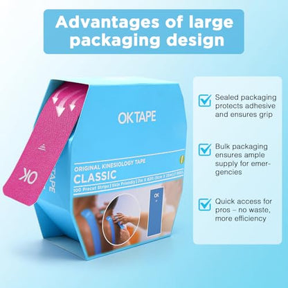 OK TAPE Kinesiology Tape 150 PCS Precut Elastic Strips Bulk 2inx10in/PCS - color: Pink, size: 150 PCS