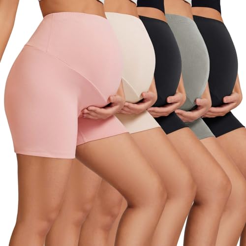 5 Pack Maternity Shorts 5" - Over The Belly Pregnancy Biker Shorts Soft Womens Yoga Workout Athletic Short - color: Black/Dark Gray/Black/Light Apricot/Pink, size: XX-Large