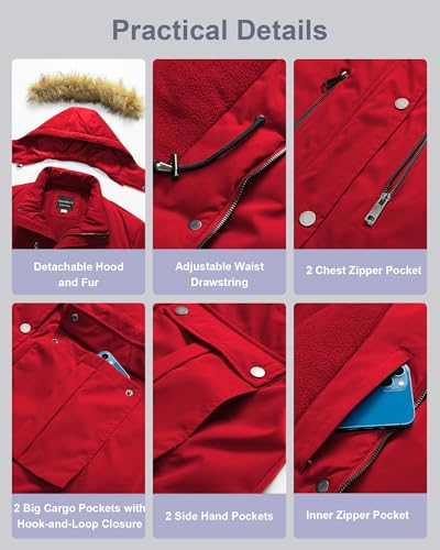 CREATMO US Women's Plus Size Winter Coat Waterproof Long Puffer Jacket Warm Military Thicken Parka with Fur Hood - color: Red, size: 2X
