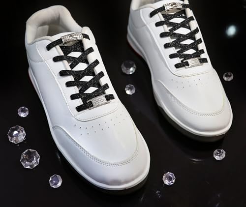 Elastic No Tie Shoe Laces with Bling Diamond Locks & Charms for Women's Sneakers - color: 02 Glitter Black- Silver