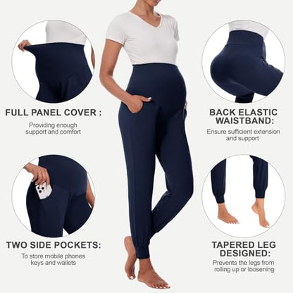HIGHDAYS Maternity Pants with Pockets, Over Belly Thick Pregnancy Leggings - color: Navy Blue, size: Large