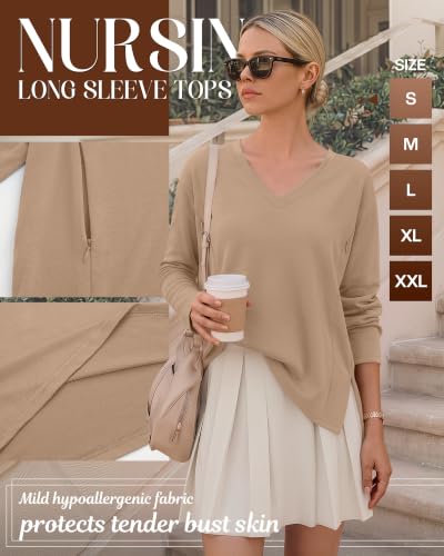 Riyiper 3 Pack Women's Nursing Shirts for Breastfeeding - color: Cream, Light Khaki, Light Brown, size: Large