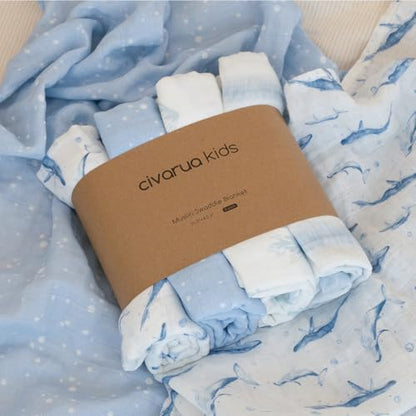 Muslin Swaddle Blankets for Newborn, Cotton Receiving Blanket - color: Blue Ocean Whale