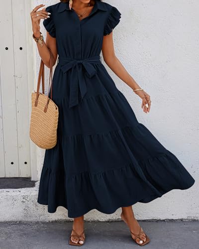dowerme Women Ruffle Sleeve Button Belted Boho Maxi Dress - color: Navy, size: X-Large