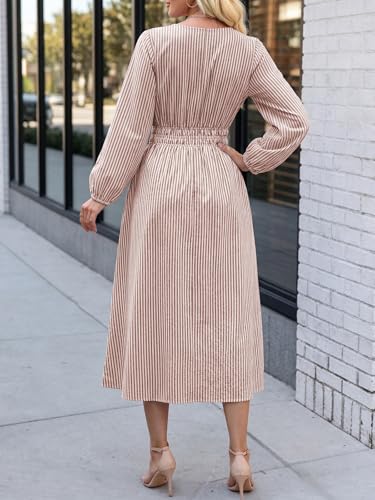 ANRABESS Women's Long Sleeve Striped Fall Midi Dress with Pockets - color: Light Brown White Stripe, size: Medium