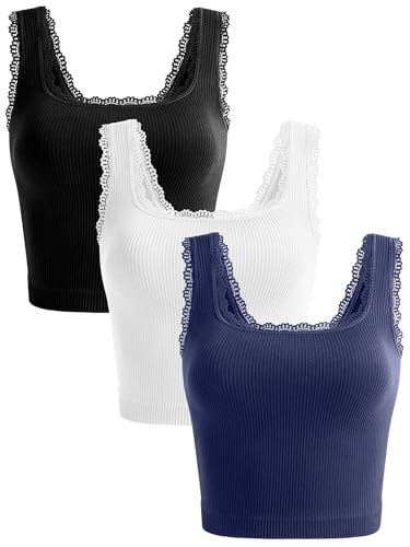 OLCHEE Womens 3 Pack Crop Tank Tops Square Neck Lace Trim Trendy Cami - color: Lace: Black + White + Navy, size: Large