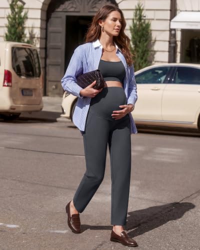 G4Free EverGoing Maternity Work Pants Pregnancy Tapered Ankle Trousers - color: Dark Gray, size: Medium