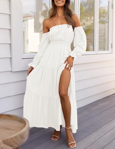 ZESICA Womens Fall Long Sleeve Boho Off Shoulder Maxi Dresses - color: White, size: XX-Large