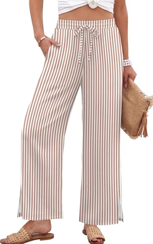 Sampeel Womens Wide Leg Beach Pants Elastic Waist Lightweight Casual Flowy Palazzo Lounge Trousers with Pockets - color: Khaki Stripes, size: Small