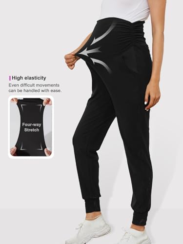 PARNIXS Maternity Two-Piece Set Basic Stretch Design with Pockets Soft Leggings for Active Moms Yoga Pants - Year-Round Wear - color: Black+black, size: Medium