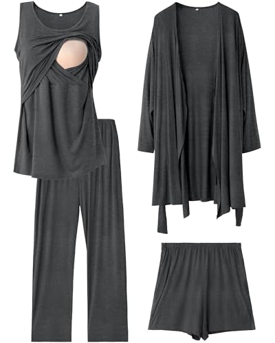 Rnxrbb 4PCS Year-Round Nursing Pajamas Robe Set Postpartum Breastfeeding Pj - color: Deep Gray, size: Small