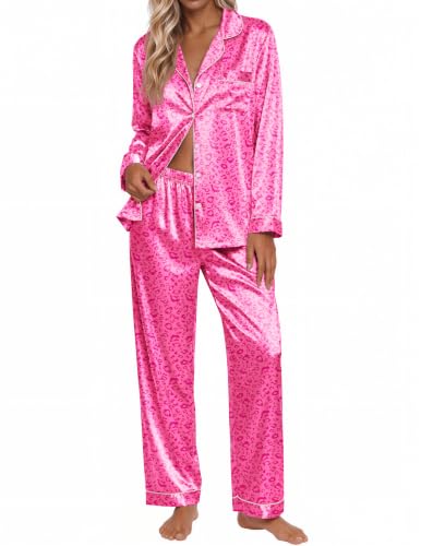 Ekouaer Silk Satin Pajamas for Womens Button Up Long Sleeve Pjs Lounge Set - color: Hot Pink Cheetah, size: Medium