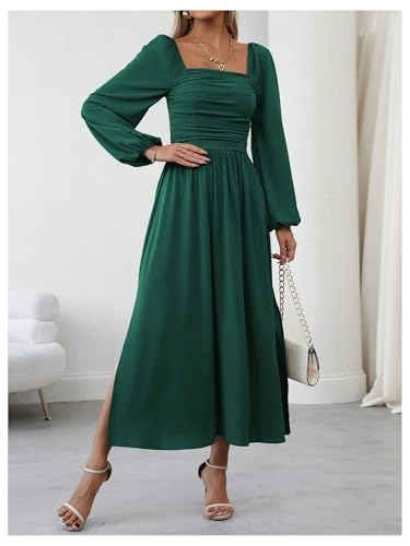 Floerns Women's Square Neck Lantern Long Sleeve Split Ruched Midi Dresses - color: Dark Green, size: X-Large
