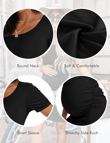 Peauty Side Ruched Maternity Bodycon Dress Short Sleeve Style Baby Shower - color: E. Black, size: Small