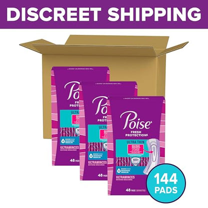 Poise Ultra Thin Incontinence Pads & Postpartum Pads for Bladder Leaks, 4 Drop Moderate Absorbency, Regular Length, 144 Count, Packaging May Vary - size: Regular Length