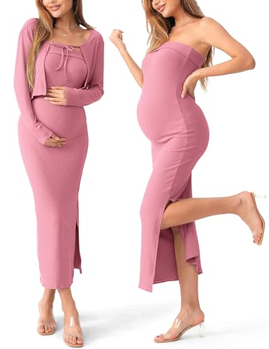 SUNNYBUY Baby Shower Maternity Tube Dress & Cardigan 2 Piece Set - color: Dark Pink, size: Large