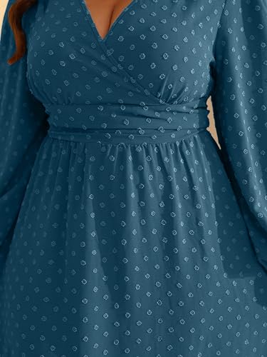 RWJ Women's Plus Size Fall Wedding Guest Dress V Neck Swiss Dot Long Sleeve - color: Dusty Blue, size: 3X-Large Plus