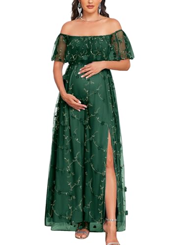 AISWI 3D Floral Maternity Dress Off Shoulder Mesh Ruffle Pregnancy Maxi Gown with Split Photoshoot Baby Shower Wedding - color: Dark Green, size: Small