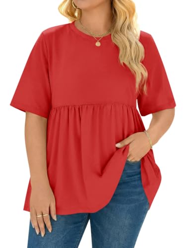 Beautife Womens Plus Size Babydoll Tops Summer Peplum Flowy Tunic Blouses - color: Red, size: 3X-Large Plus
