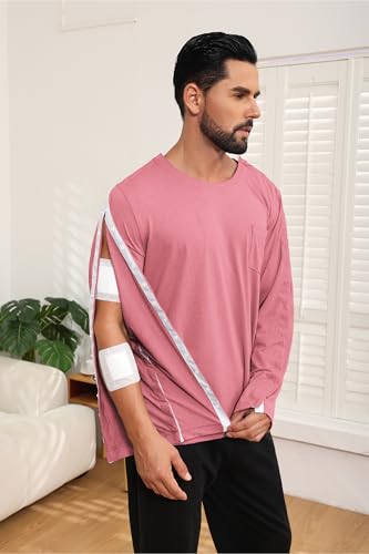 Post Shoulder Surgery Shirt, Comfy Wear After Surgery Shirts, Full Open Side Snap Chemo & Dialysis - color: Pink-l, size: Medium