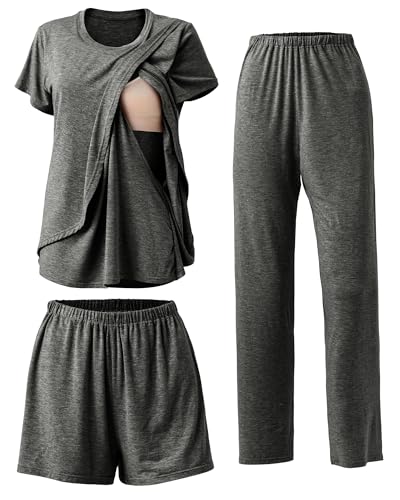 Rnxrbb 3 Piece Postpartum Nursing Pajamas Set Maternity Breastfeeding Pjs - color: Deep Gray, size: X-Large