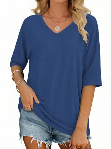 Totatuit Womens Oversized T Shirts Short Sleeve V Neck Basic Tees Tops - color: Navy Blue, size: 3X-Large