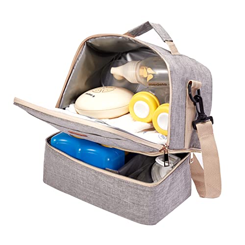 Breast Pump Bag Cooler Compartment Moistureproof Bag Double Layer for Mother Breast Milk Pump Lunch Bag Outdoor Working (Grey) - color: Grey