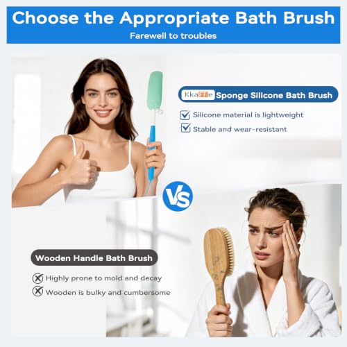 Back Scrubber for Shower,15.35"Curved Body Brush with Anti Slip Long Handle - size: Black+Pink Handle (Medium)