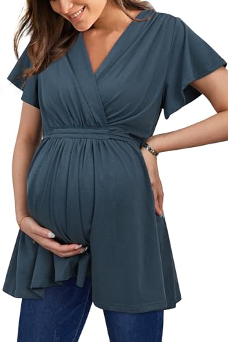 OUGES Women's Wrap Tie Back Short Sleeve Summer Maternity Nursing Tops 2026 - color: Haze Blue, size: X-Large